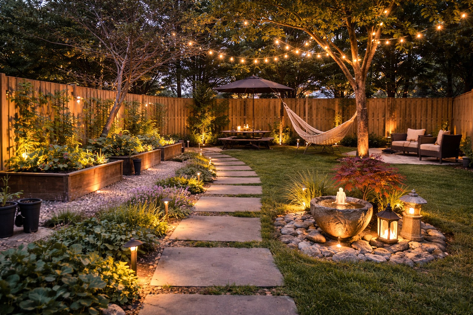 Backyard landscape lighting and patio atmosphere